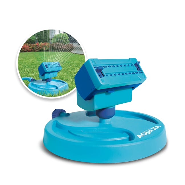 Aqua Joe mini oscillating sprinkler with inset image of product in use