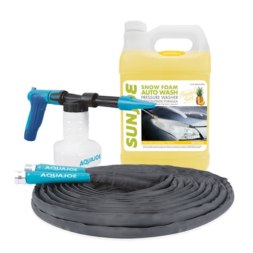 Aqua Joe 2-in-1 Hose-Powered Adjustable Foam Cannon Spray Gun Blaster with 50-foot ultra flexible kink-free garden hose, and a 1-gallon pineapple scented car wash soap and cleaner.