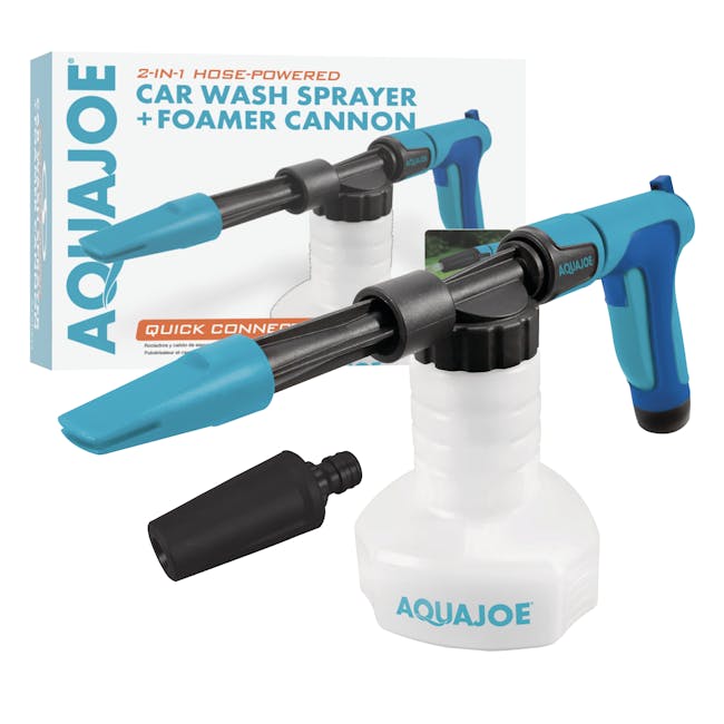 Aqua Joe 2-in-1 Hose-Powered Adjustable Foam Cannon Spray Gun Blaster with packaging.