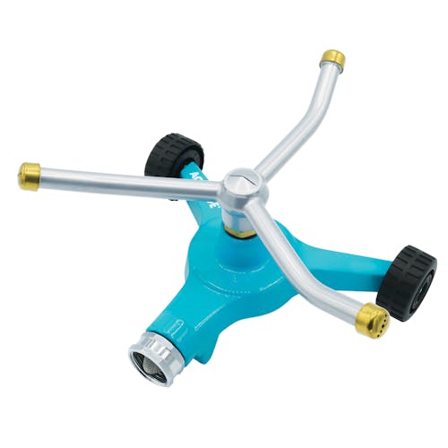 Aqua Joe Indestructible 3-Arm Zinc Rotary 360 Degree Sprinkler with wheeled base.
