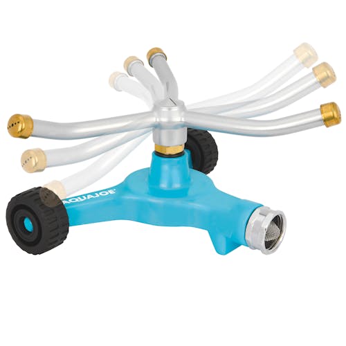 Aqua Joe Indestructible 3-Arm Zinc Rotary 360 Degree Sprinkler with motion blur showing the rotating arms.