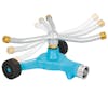 Aqua Joe Indestructible 3-Arm Zinc Rotary 360 Degree Sprinkler with motion blur showing the rotating arms.