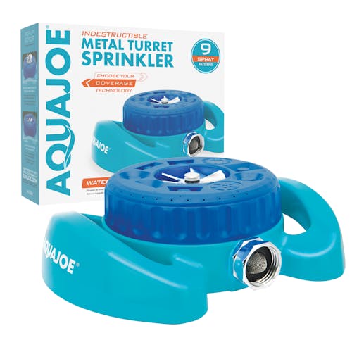 Aqua Joe Indestructible Metal Turret Sprinkler with packaging.