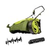 Sun Joe 12-amp 13-inch Electric Lawn Dethatcher with Collection Bag, scarifying cylinder, and dethatching cylinder.