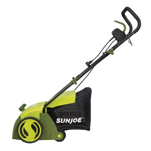 Side view of the Sun Joe 12-amp 13-inch Electric Lawn Dethatcher with Collection Bag.