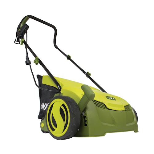 Angled view of the Sun Joe 12-amp 13-inch Electric Lawn Dethatcher with Collection Bag.