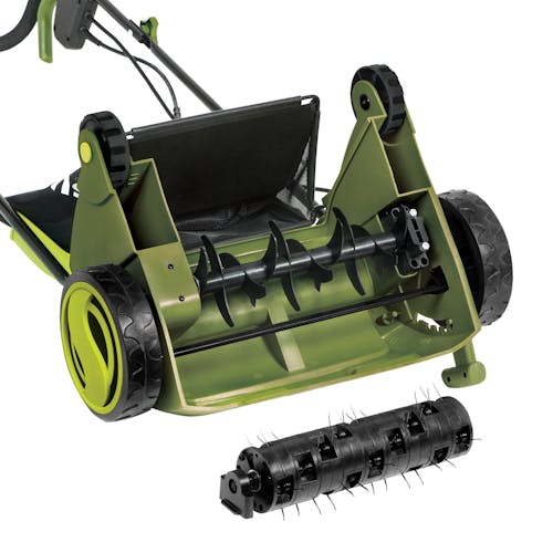 Underside view of the Sun Joe 12-amp 13-inch Electric Lawn Dethatcher with Collection Bag showing the scarifier and dethatcher.