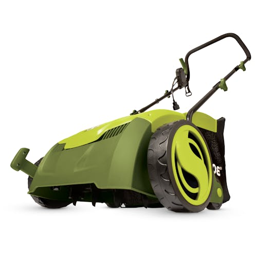 Bottom-angled view of the Sun Joe 12-amp 13-inch Electric Lawn Dethatcher with Collection Bag.