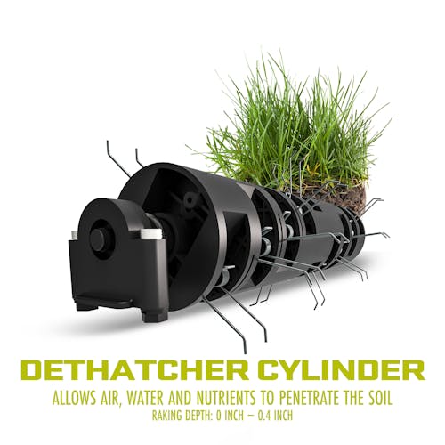 Dethatcher cylinder allows air, water, and nutrients to penetrate the soil with a raking depth of 0 to 0.4 inches.