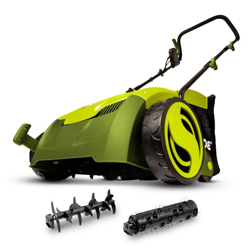 13-inch dethatcher with collection bag, dethatching cylinder, and scarifying cylinder.