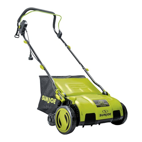Angled view of the Sun Joe 13-amp 15-inch Electric Lawn Dethacther and Scarifier.
