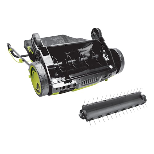 Underside view of the Sun Joe 13-amp 15-inch Electric Lawn Dethacther and Scarifier with both cylinders.