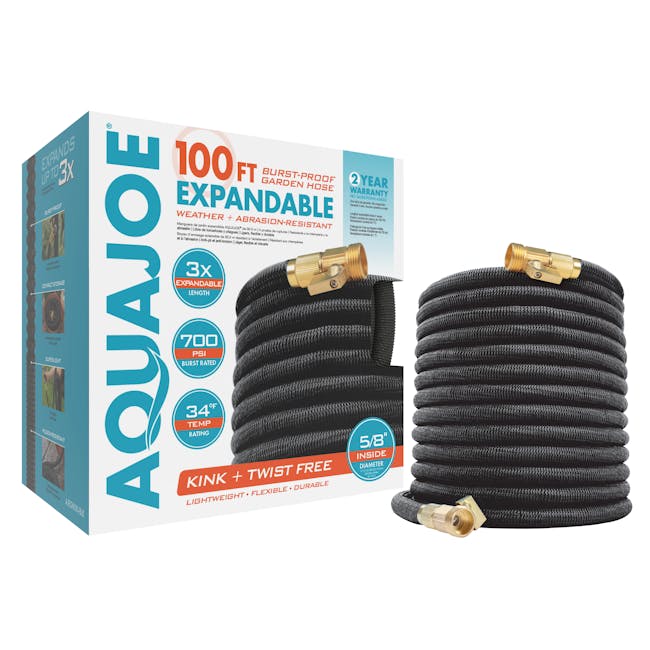Aqua Joe 100-foot black garden hose with the packaging behind it.