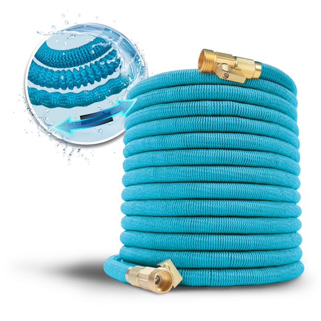 Aqua Joe 100-foot light blue expandable garden hose.
