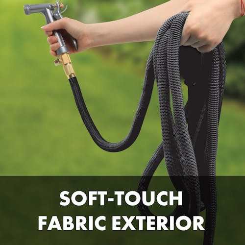 Soft-touch fabric exterior.