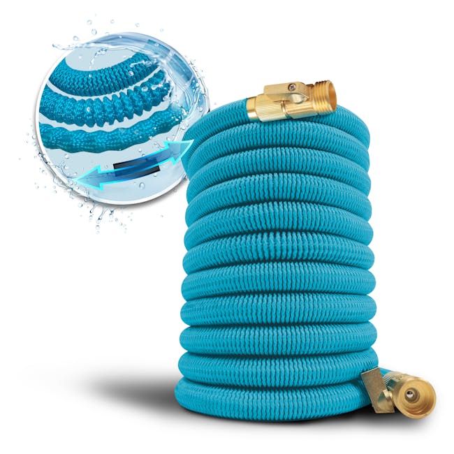 Aqua Joe 50-foot light blue expandable garden hose.