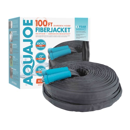 Aqua Joe 100-foot FiberJacket Garden Hose with packaging.