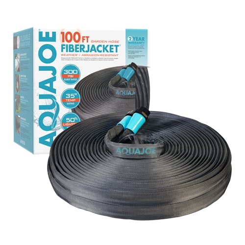 Aqua Joe 100-foot fiberjacket garden hose with packaging.