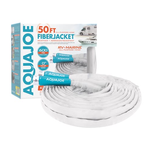 Aqua Joe 50-foot Fiberjacket RV hose with packaging.