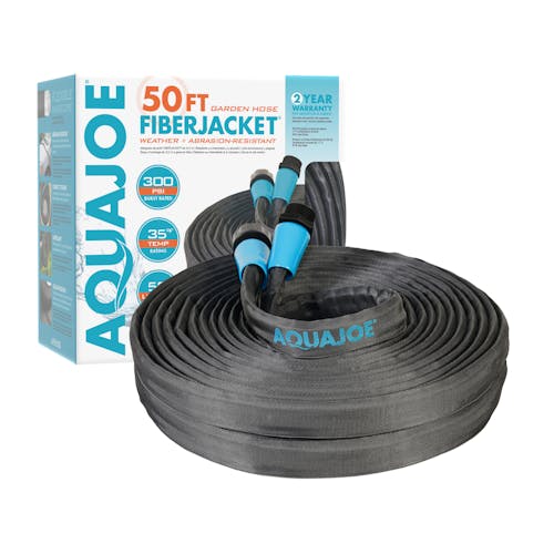 Aqua Joe 50-foot Ultra Flexible Kink Free Fiberjacket Garden Hose with packaging.