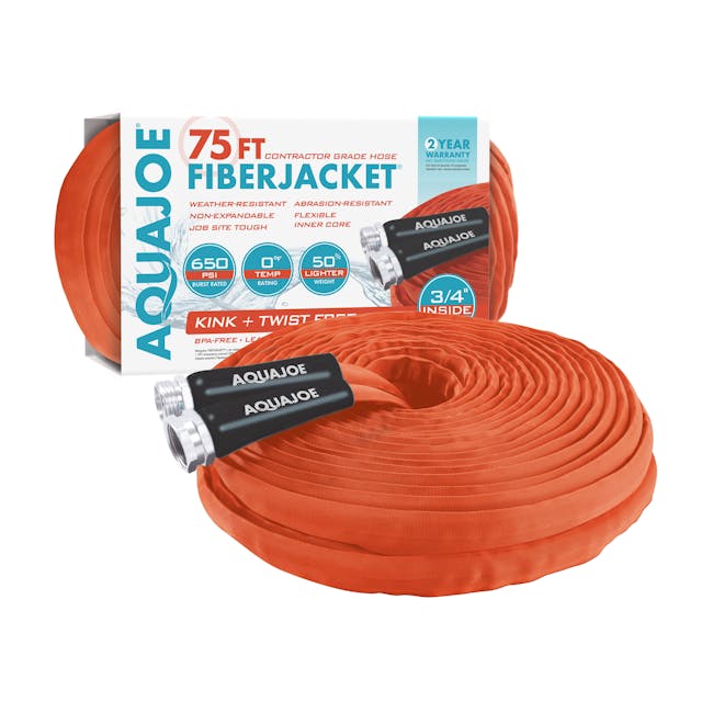 Aqua Joe 75-foot non-expanding orange fiberjacket hose with packaging.