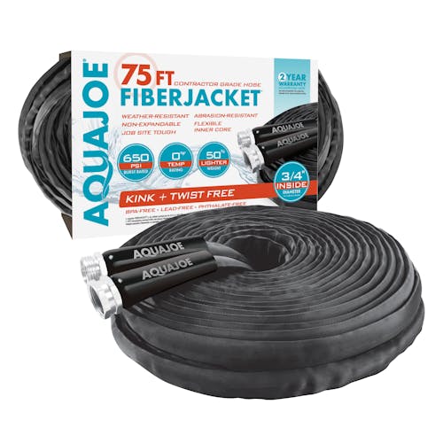 Aqua Joe 75-foot non-expanding black fiberjacket hose with packaging.