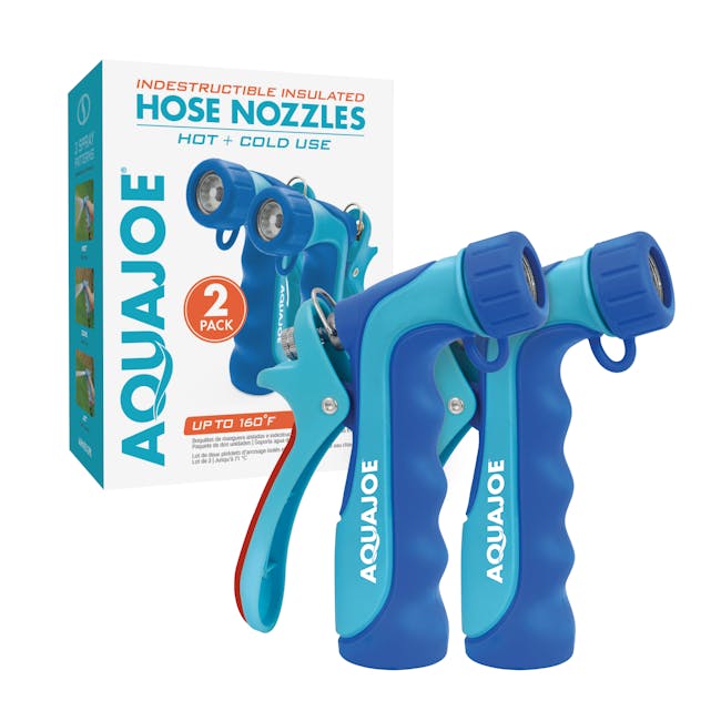 Aqua Joe 2-pack of Indestructible Series Metal Insulated Spray Nozzles with packaging.