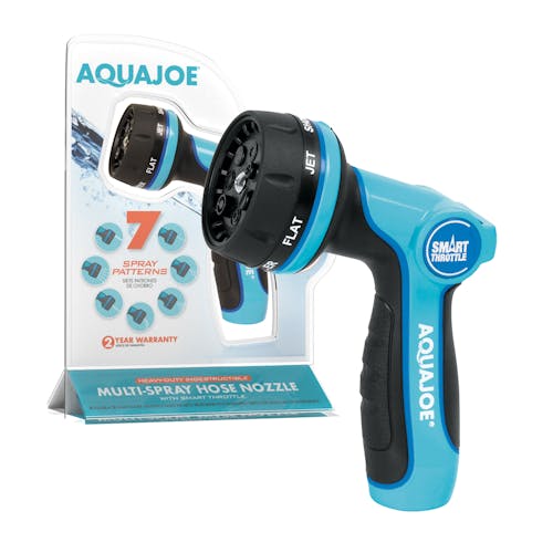 Aqua Joe Heavy Duty Indestructible Metal Multi Function Adjustable Hose Nozzle with packaging.