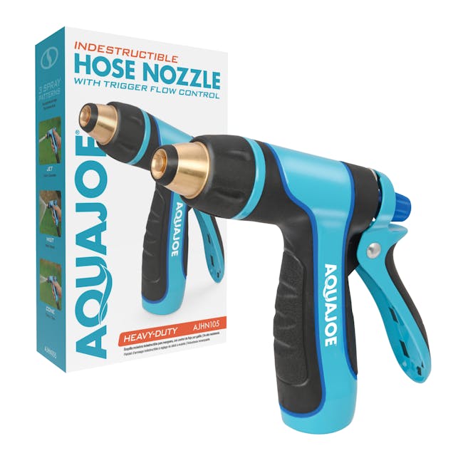 Aqua Joe Indestructible Multi-Function Adjustable Hose Nozzle with packaging.