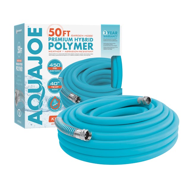 Aqua Joe 50-foot hybrid polymer garden hose with packaging.