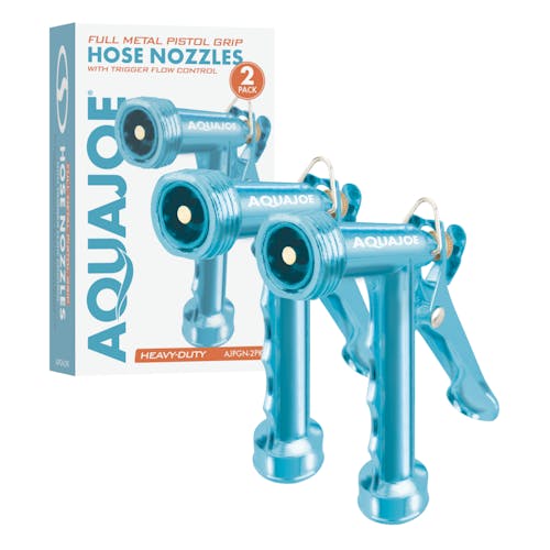 Aqua Joe 2-pack of Full Metal Pistol Grip Hose Nozzles with packaging.