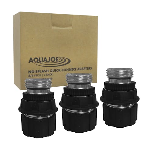 Aqua Joe 3-pack of No-Splash Aluminum Quick Connect Adapters with packaging.