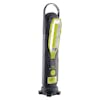 Angled view of the Auto Joe Cordless 12-Volt High Performance Vehicle Jump Starter with carrying bag, USB charger, Car Charger, and jumper cables with the adjustable light angled downwards.