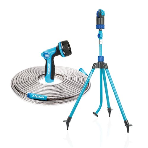 Aqua Joe 45-inch telescoping tripod sprinkler, a multi-function adjustable hose nozzle, and a 50-foot metal garden hose.