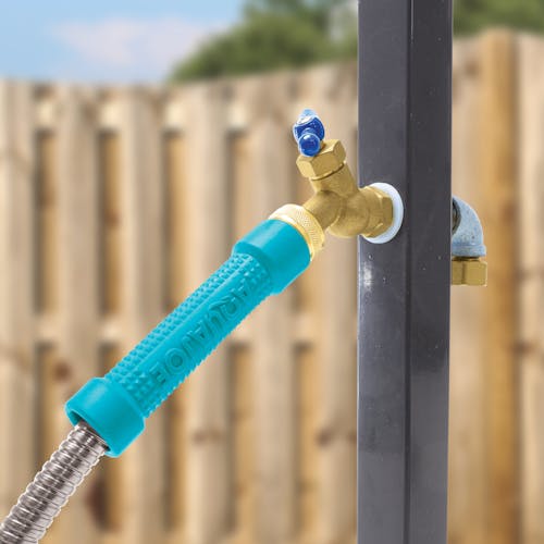 Aqua Joe heavy-duty metal garden hose connected to a faucet.