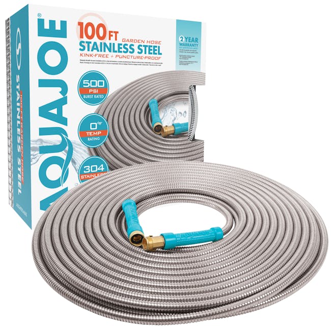 Aqua Joe 100-foot heavy-duty metal garden hose with packaging.