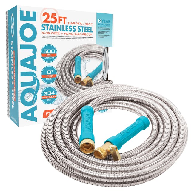 Aqua Joe 25-foot heavy-duty metal garden hose with packaging.