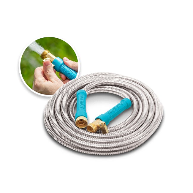 Aqua Joe Metal Garden Hose with inset image of product in use