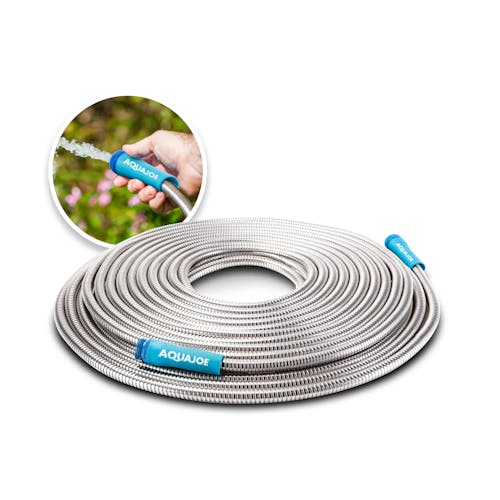 Aqua Joe Metal Garden Hose with inset image of product in action