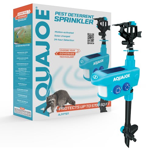 Aqua Joe YardGuard Motion Sensor Pest Deterrent Sprinkler with packaging.