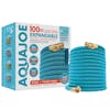 Aqua Joe 100-foot light blue garden hose with the packaging behind it.