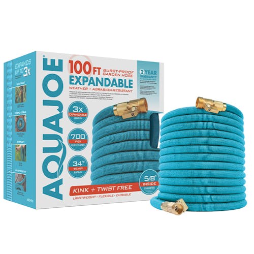 Aqua Joe 100-foot light blue garden hose with the packaging behind it.