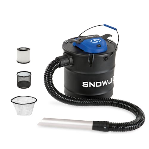 Snow Joe 4.8-gallon Ash Vacuum with suction tube, pre-filter, pleated filter, and wire filter basket.