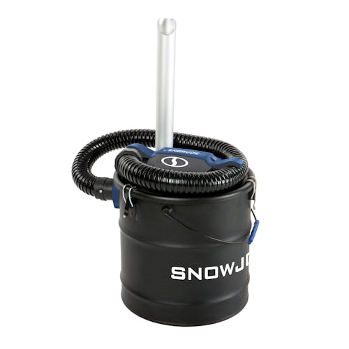 Snow Joe 5-amp 4.8 Gallon Ash Vacuum with the extension hose and suction tube attached.