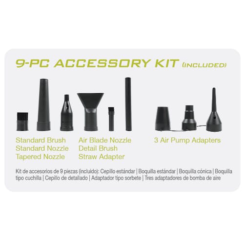 Infographic for the 9-piece nozzle kit: standard brush, standard nozzle, tapered nozzle, air blade nozzle, detail brush, straw adapter, and 3 air pump adapters.