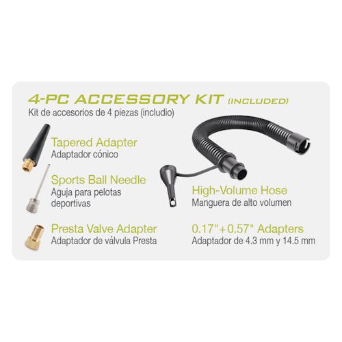 Infographic for the 4-piece accessory kit: tapered adapter, sports ball needle, presta valve adapter, and high-volume hose.