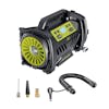 Sun Joe Hybrid 12-Volt/110-Volt AC High Volume Tire Inflator/Deflator with a high-volume air hose, tapered adapter, sports ball needle, and presta valve adapter.