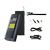 Sun Joe 140 PSI Ultra Compact Cordless Digital Air Pump Inflator and Power Bank with air hose and chuck, USB cord, 12-volt DC plug, storage bag, and 4 nozzle adapters.
