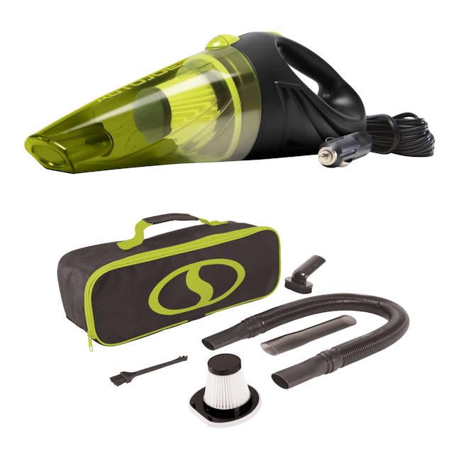 Auto Joe 12-Volt Portable Car Vacuum Cleaner with storage case, filter, extension hose, cleaning brush, brush attachment, and crevice nozzle.