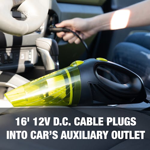 16-foot 12-volt D.C. cable plugs into car's auxiliary outlet.